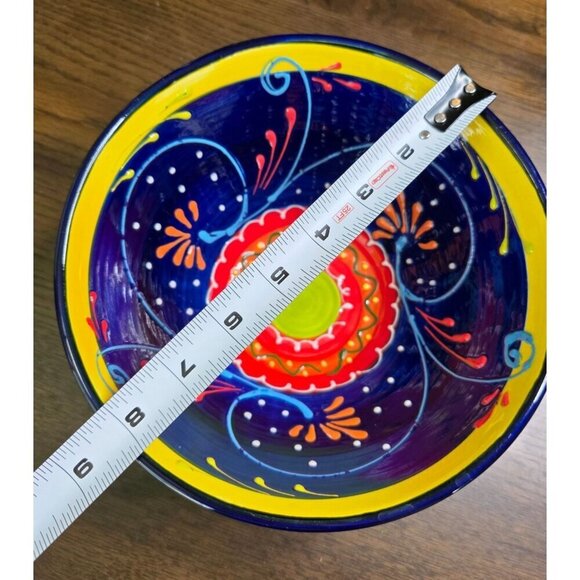 Hand-Painted Ceramic Bowl From Spain With Vibrant Blue Orange & Yellow Patterns - Picture 5 of 16